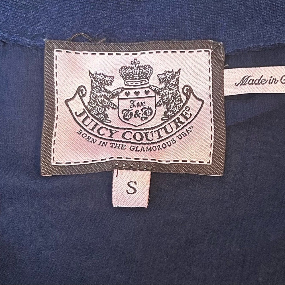 Juicy Couture Navy Blue Ruffle Lace Sheer Script Back Cardigan Sweater Womens S - Picture 4 of 6